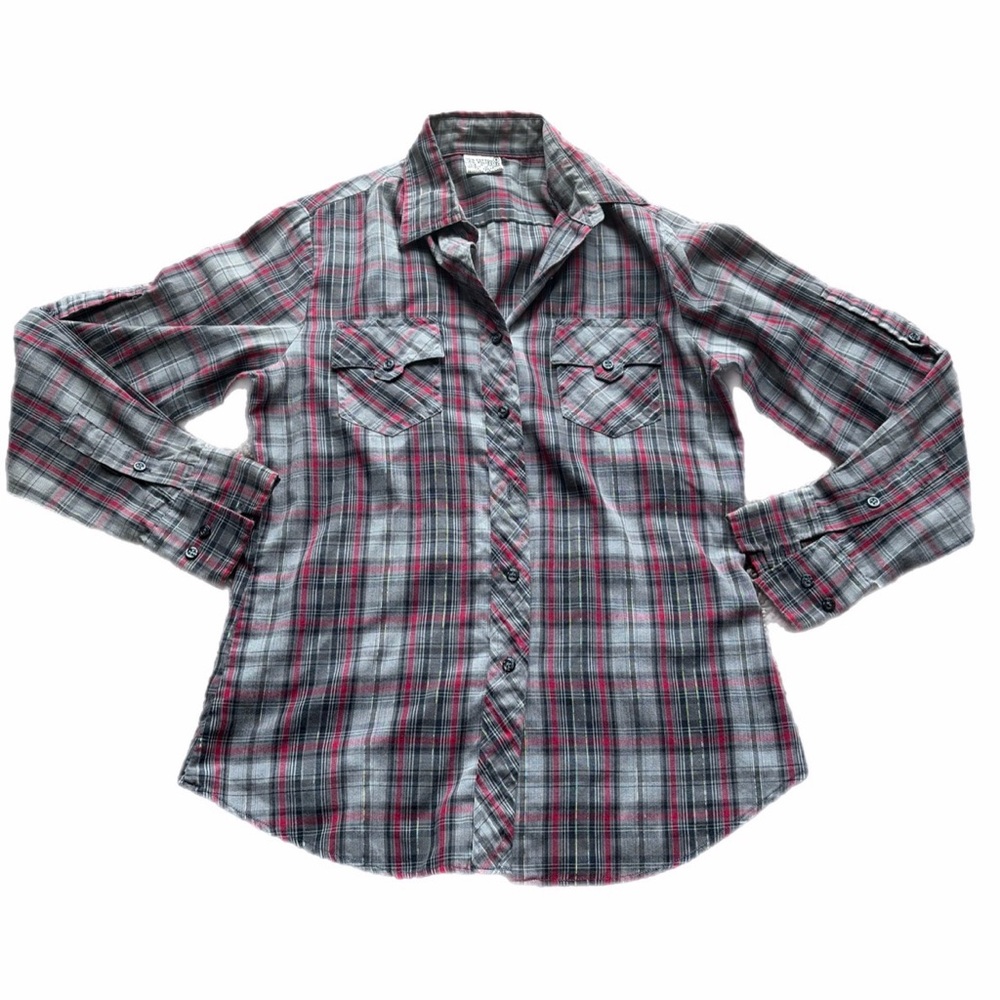 Grey and red plaid button-up shirt flannel